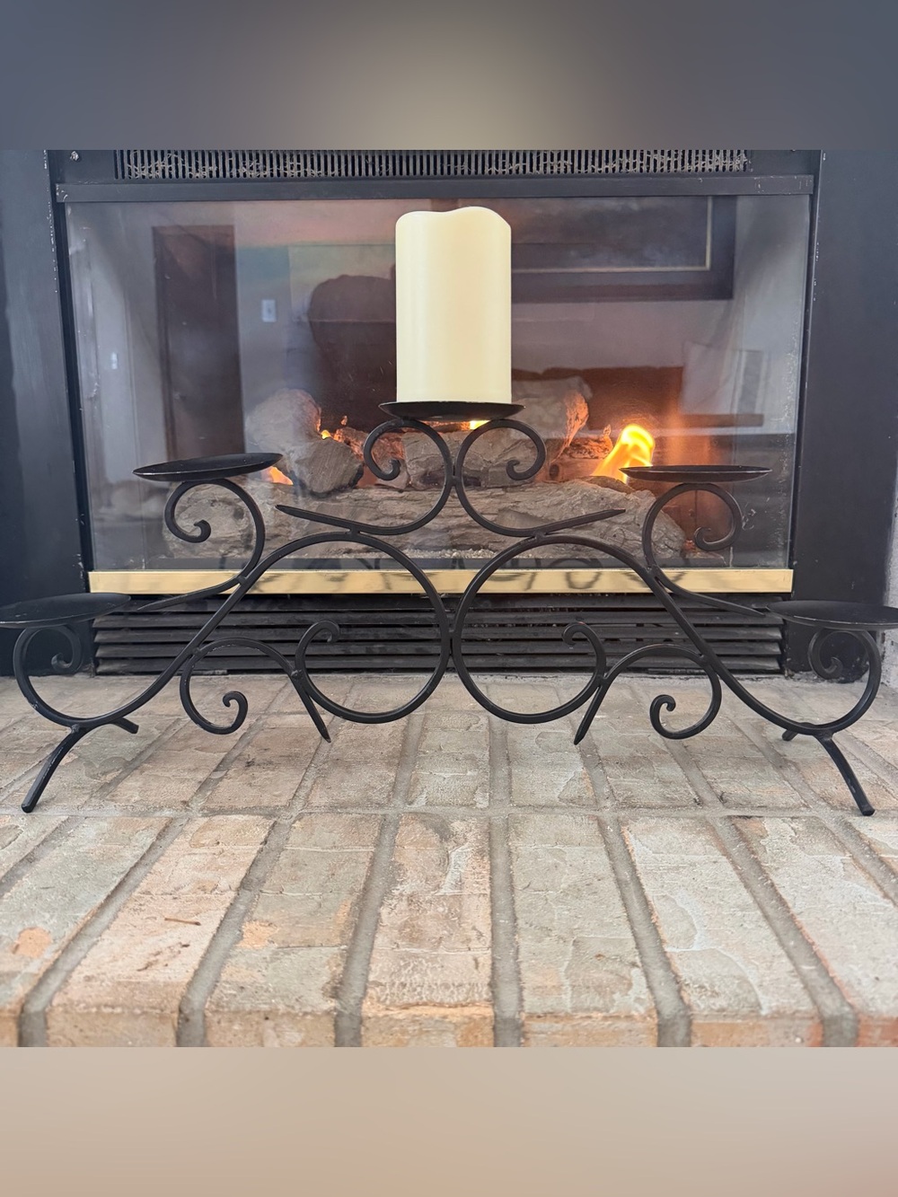 Black Metal Scrollwork 5-Plate Fireplace Candelabra for Pillar Candle Holder